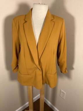 NorthStyle Women's Mustard Yellow One-Button Ruched 3/4 Sleeve Blazer